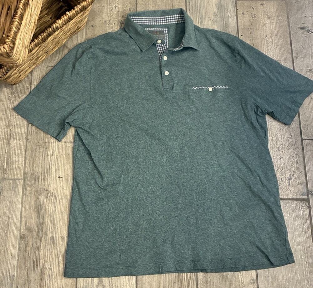 Thomas Dean Men's Heather Green Polo Shirt Size L Cotton Pocket Gingham Accent